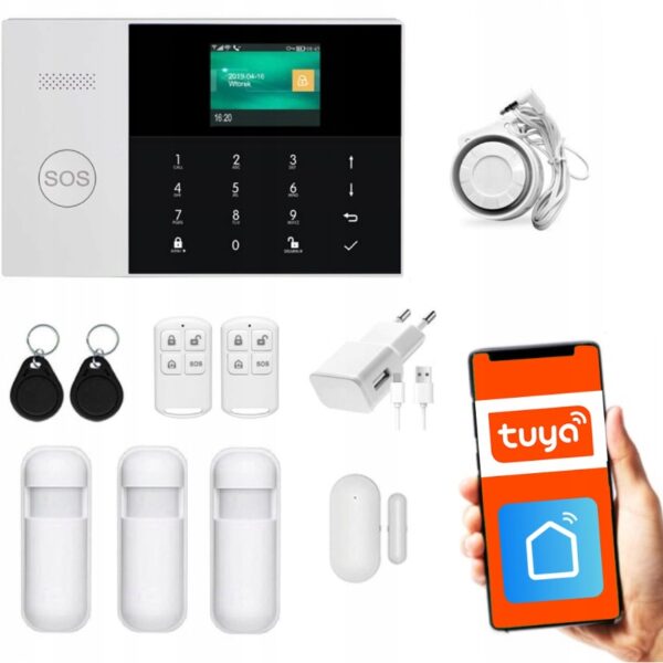 Alarm bezprzewodowy GSM + WiFi z aplikacją TUYA , zestaw , KOSTOR SAD002A