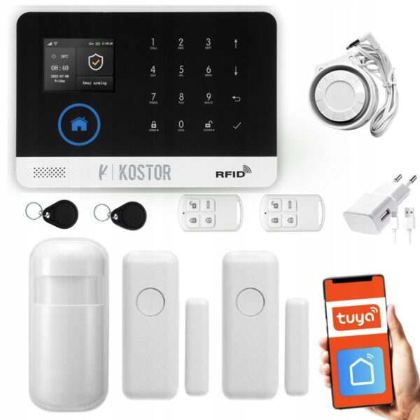Alarm bezprzewodowy GSM + WiFi z aplikacją TUYA , zestaw , KOSTOR SAD004E