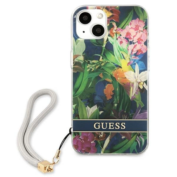 Etui Guess Flower Strap na iPhone 13 mini - niebieskie