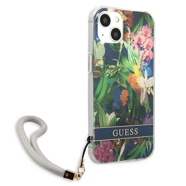 Etui Guess Flower Strap na iPhone 13 mini - niebieskie