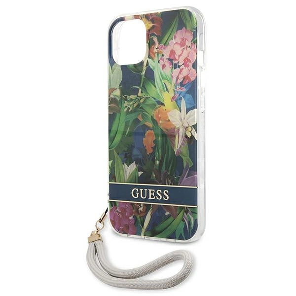Etui Guess Flower Strap na iPhone 13 mini - niebieskie