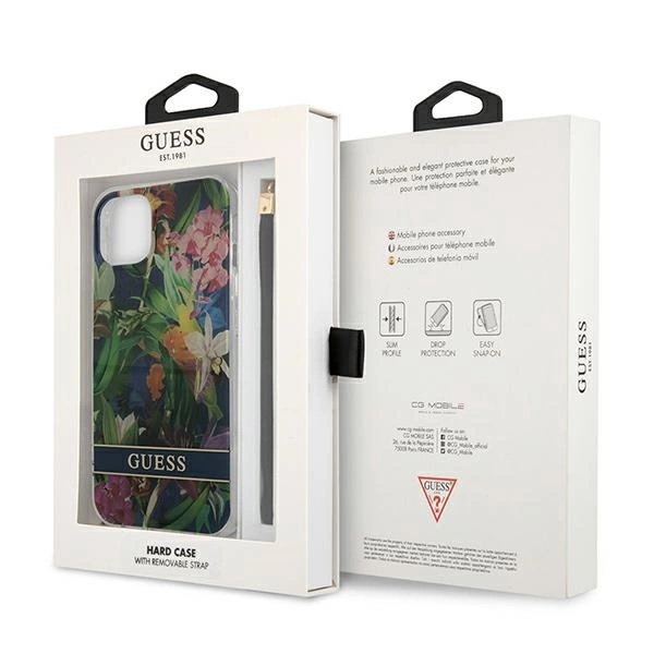 Etui Guess Flower Strap na iPhone 13 mini - niebieskie
