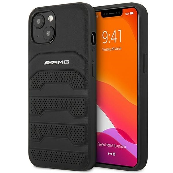 AMG AMHCP14SGSEBK IPHONE 14 / 15 / 13 6.1" CZARNY/BLACK HARDCASE LEATHER DEBOSSED LINES