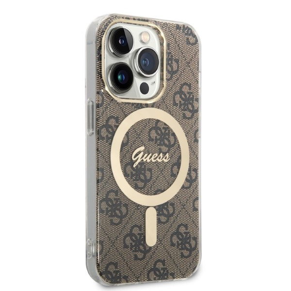 Zestaw Guess GUBPP14LH4EACSW Case+Charger iPhone 14 Pro 6,1" brązowy/brown hard case 4G Print MagSafe