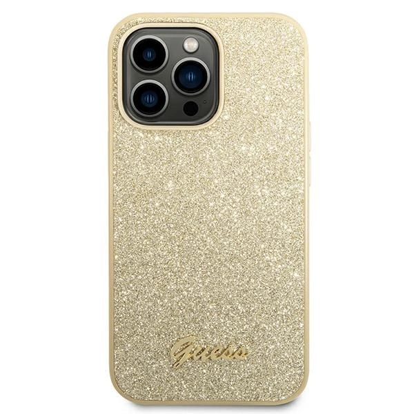 Etui Guess Glitter Script na iPhone 14 Pro - złote