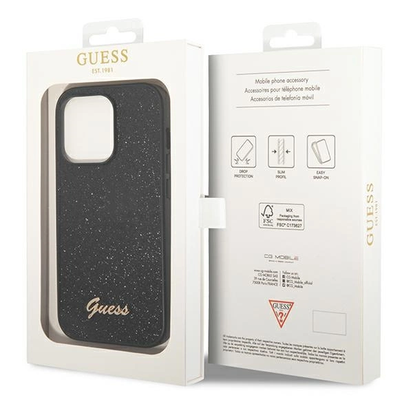 Etui Guess Glitter Script na iPhone 14 Pro - czarne