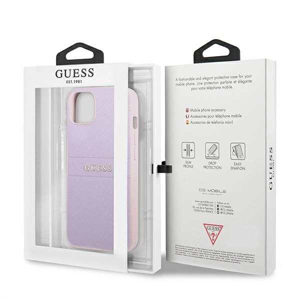 Etui Guess Saffiano Hot Stamp & Metal Logo na iPhone 13 mini - fioletowe