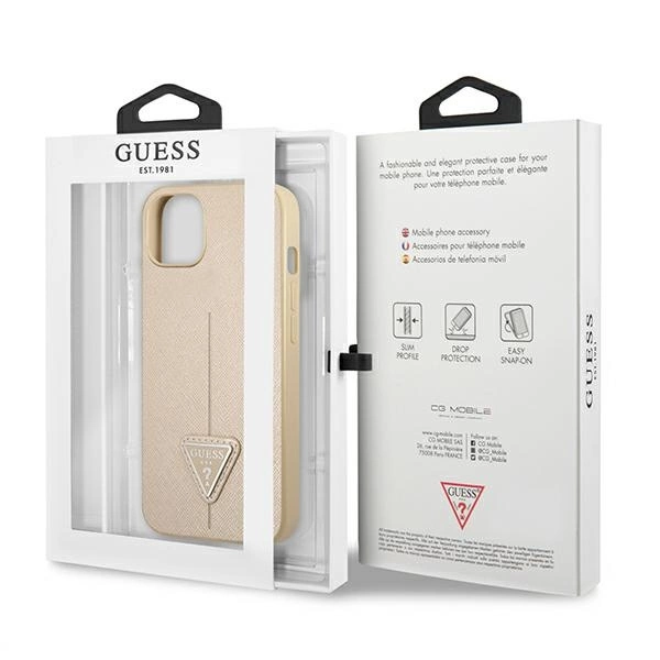 Etui Guess Saffiano Triangle Logo na iPhone 13 mini - beżowe