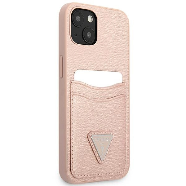 Etui Guess Saffiano Triangle Logo Cardslot na iPhone 13 mini - różowe