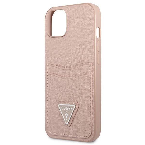 Etui Guess Saffiano Triangle Logo Cardslot na iPhone 13 mini - różowe