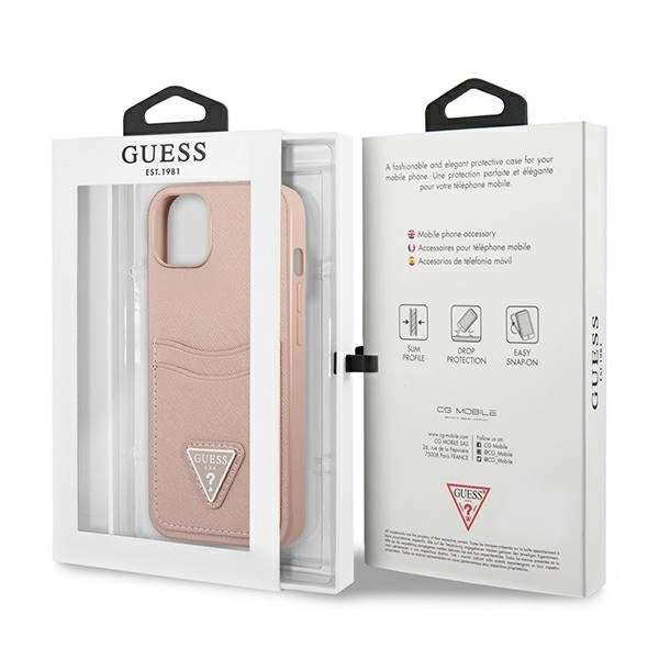 Etui Guess Saffiano Triangle Logo Cardslot na iPhone 13 mini - różowe