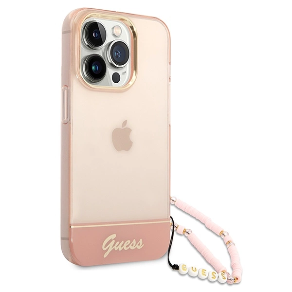 Etui Guess Translucent Pearl Strap na iPhone 14 Pro - różowe