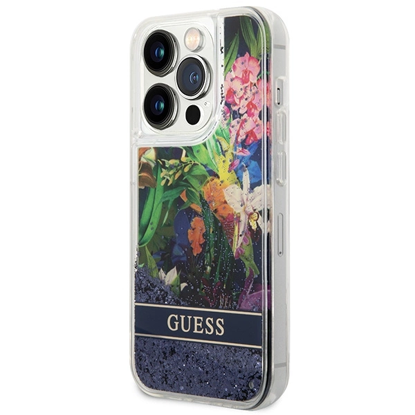Etui Guess Flower Liquid Glitter na iPhone 14 Pro - niebieskie