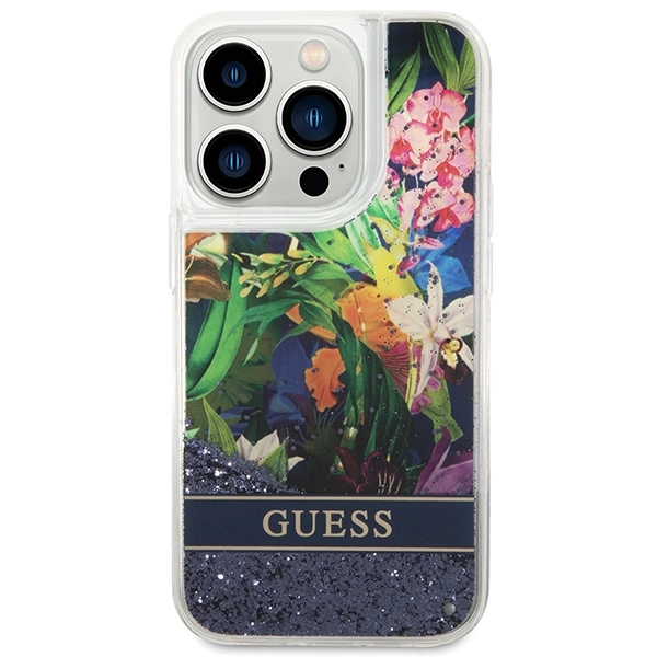 Etui Guess Flower Liquid Glitter na iPhone 14 Pro - niebieskie