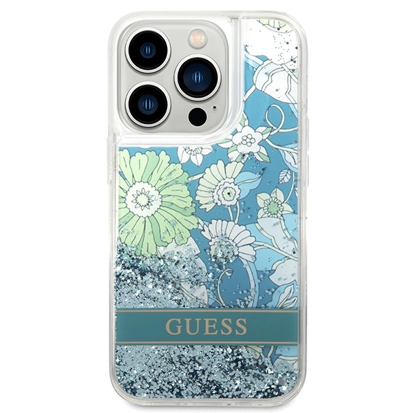Etui Guess Flower Liquid Glitter na iPhone 14 Pro - zielone