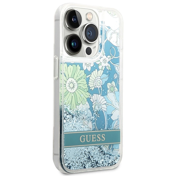 Etui Guess Flower Liquid Glitter na iPhone 14 Pro - zielone