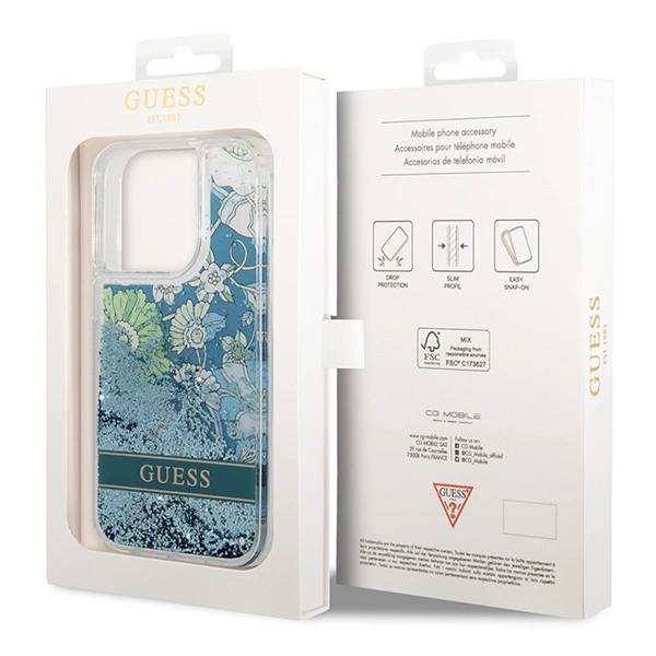 Etui Guess Flower Liquid Glitter na iPhone 14 Pro - zielone