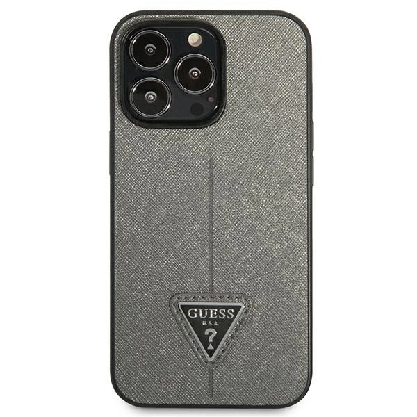 Etui Guess Saffiano Triangle Logo na iPhone 14 Pro - srebrne