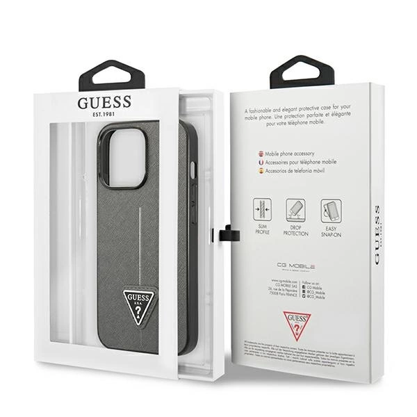 Etui Guess Saffiano Triangle Logo na iPhone 14 Pro - srebrne
