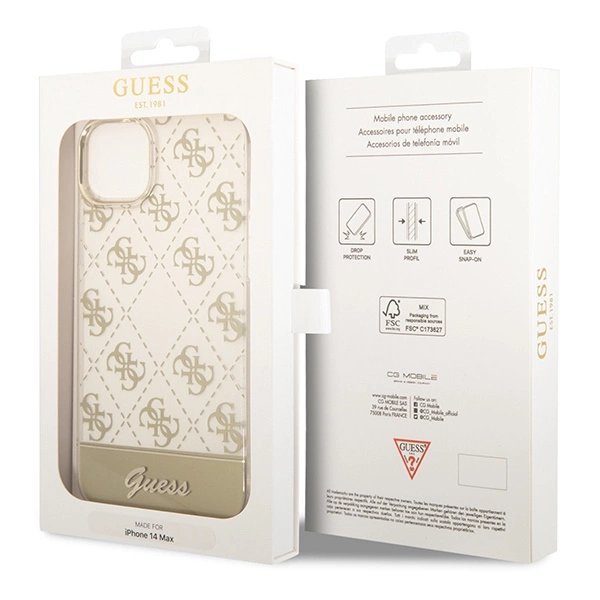 Etui Guess 4G Pattern Script na iPhone 14 Plus - złote