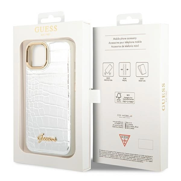 Etui Guess Croco Collection na iPhone 14 Plus - srebrne