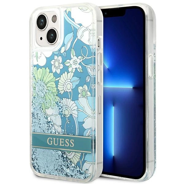 Etui Guess Flower Liquid Glitter na iPhone 14 Plus - zielone