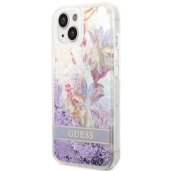 Etui Guess Flower Liquid Glitter na iPhone 14 Plus - fioletowe