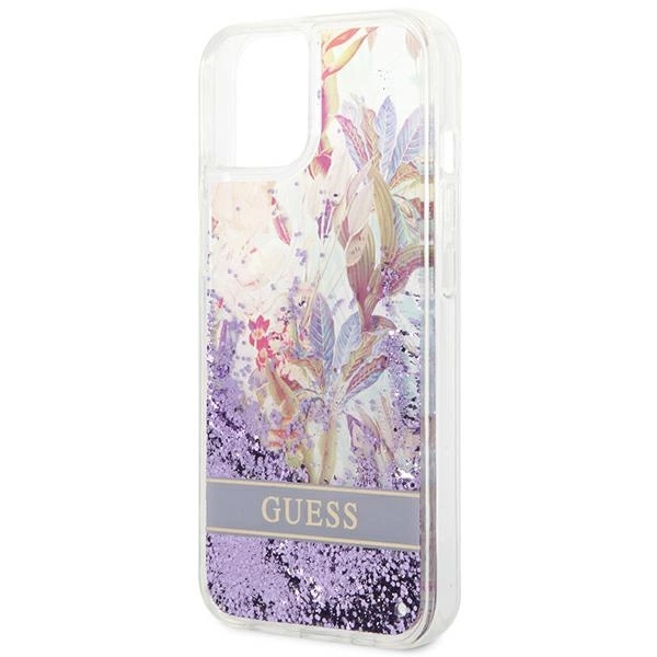 Etui Guess Flower Liquid Glitter na iPhone 14 Plus - fioletowe
