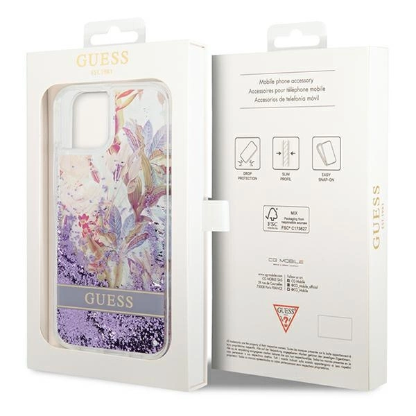 Etui Guess Flower Liquid Glitter na iPhone 14 Plus - fioletowe