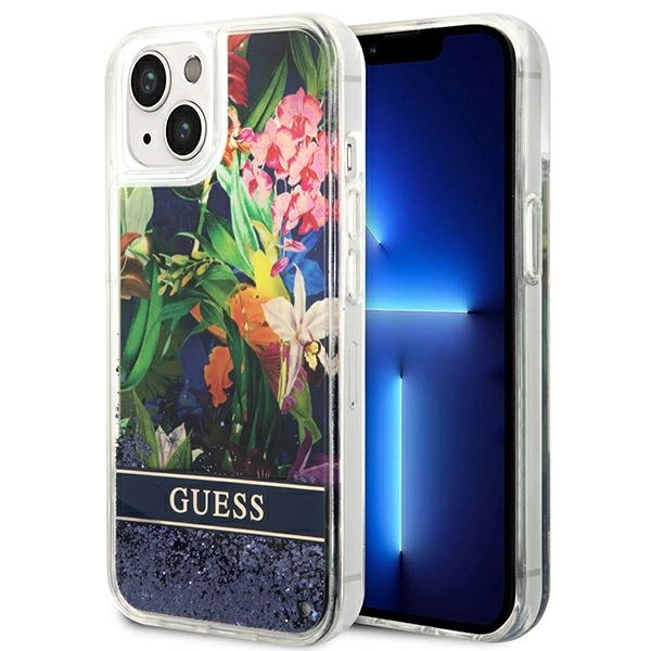 Etui Guess Flower Liquid Glitter na iPhone 14 - niebieskie