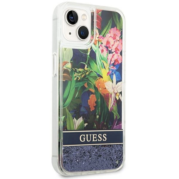 Etui Guess Flower Liquid Glitter na iPhone 14 - niebieskie