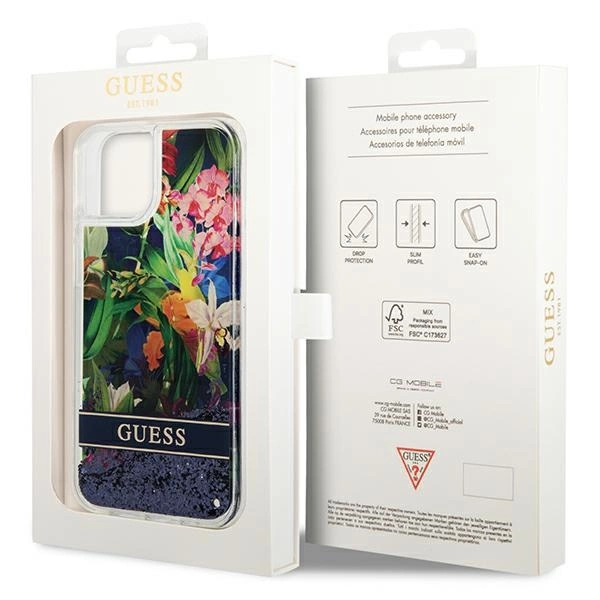 Etui Guess Flower Liquid Glitter na iPhone 14 - niebieskie