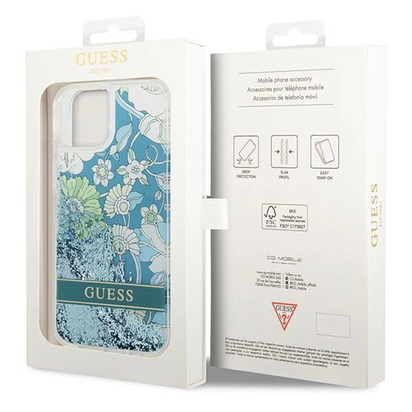 Etui Guess Flower Liquid Glitter na iPhone 14 - zielone