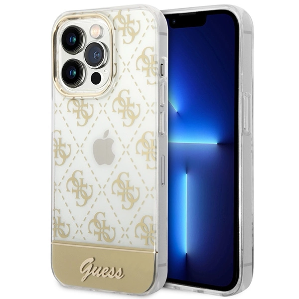 Etui Guess 4G Pattern Script na iPhone 14 Pro Max - złote