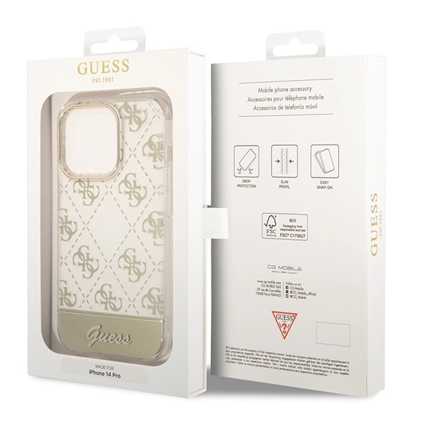 Etui Guess 4G Pattern Script na iPhone 14 Pro Max - złote