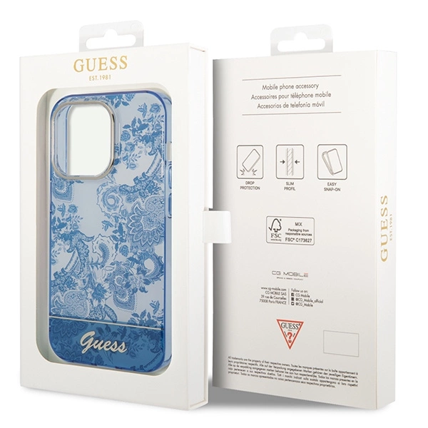 Etui Guess Porcelain Collection na iPhone 14 Pro Max - niebieskie