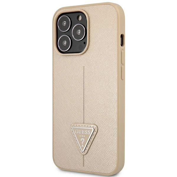 Etui Guess Saffiano Triangle Logo na iPhone 14 Pro Max - beżowe