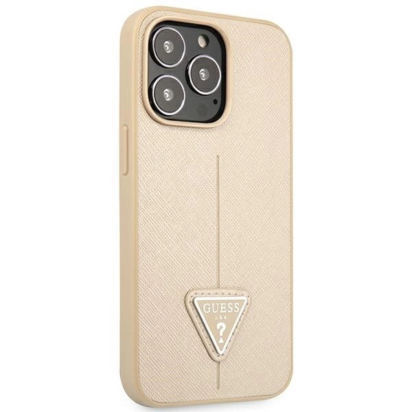 Etui Guess Saffiano Triangle Logo na iPhone 14 Pro Max - beżowe