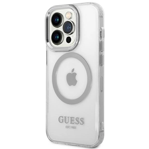 Etui Guess Metal Outline MagSafe na iPhone 14 Pro - srebrne