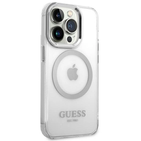 Etui Guess Metal Outline MagSafe na iPhone 14 Pro - srebrne