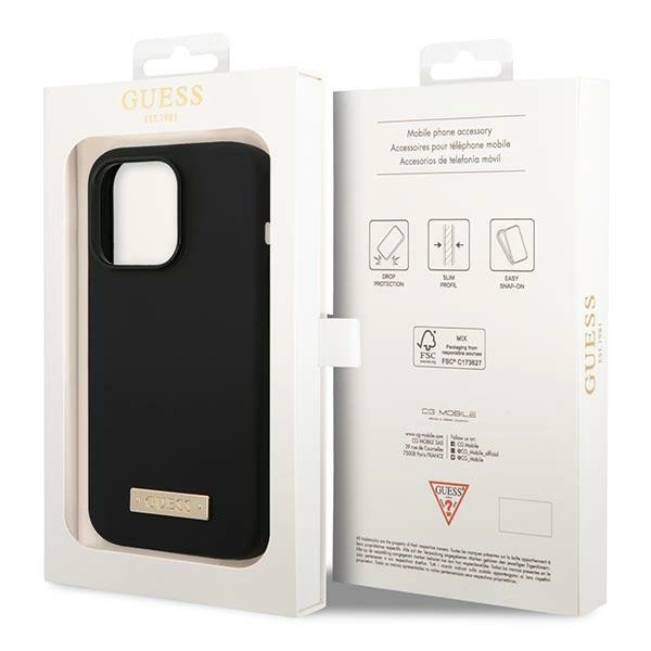 Etui Guess Silicone Logo Plate MagSafe na iPhone 14 Pro - czarne