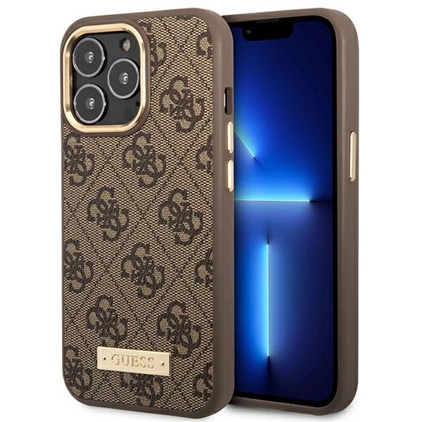 Etui Guess 4G Logo Plate MagSafe na iPhone 14 Pro - brązowe