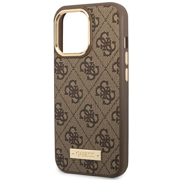 Etui Guess 4G Logo Plate MagSafe na iPhone 14 Pro - brązowe
