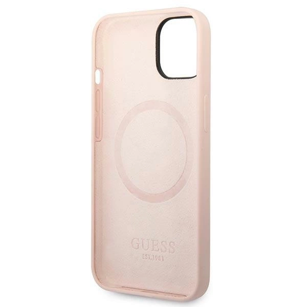Etui Guess Silicone Logo Plate MagSafe na iPhone 14 Plus - różowe