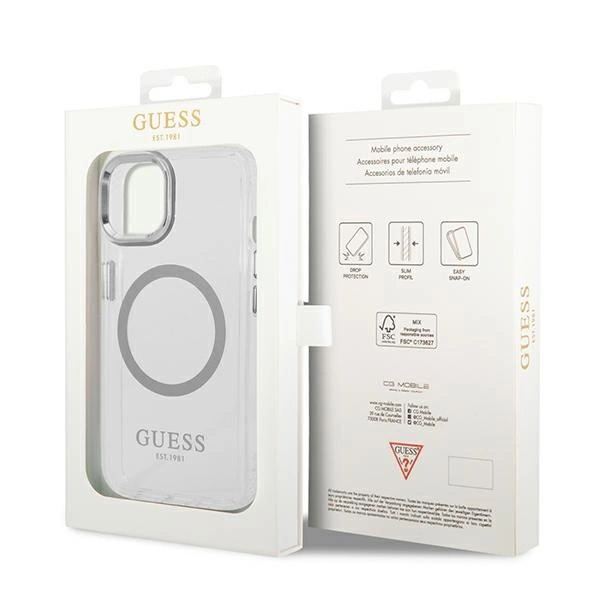 Etui Guess Metal Outline MagSafe na iPhone 14 - srebrne