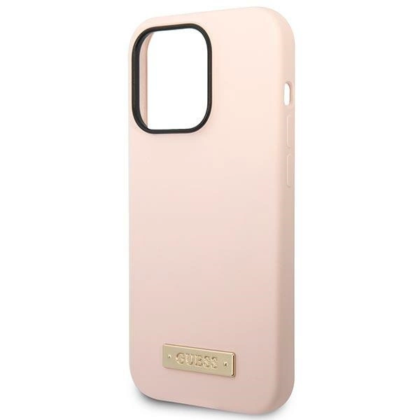 Etui Guess Silicone Logo Plate MagSafe na iPhone 14 Pro Max - różowe