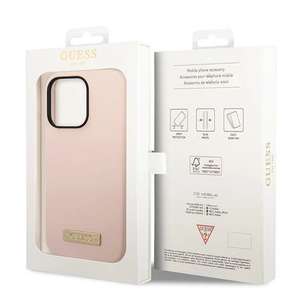 Etui Guess Silicone Logo Plate MagSafe na iPhone 14 Pro Max - różowe