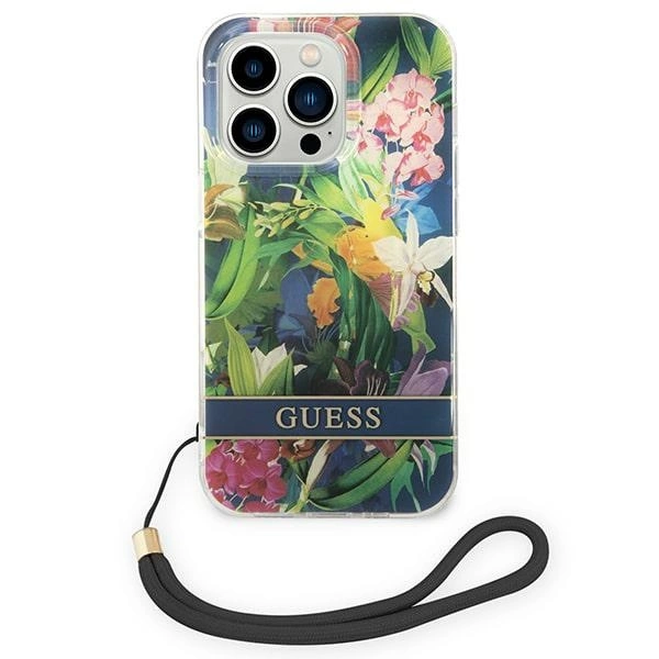 Etui Guess Flower Strap na iPhone 14 Pro - niebieskie