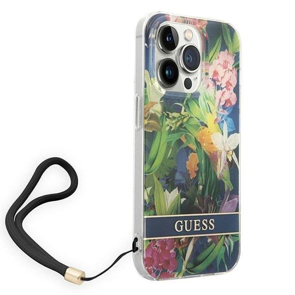 Etui Guess Flower Strap na iPhone 14 Pro - niebieskie