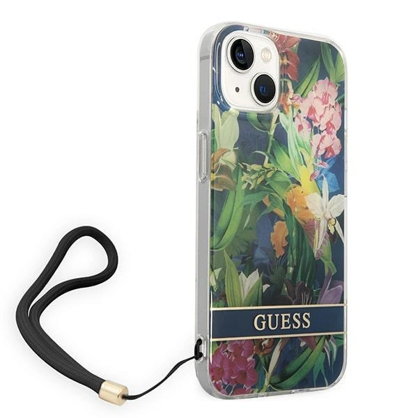 Etui Guess Flower Strap na iPhone 14 Plus - niebieskie